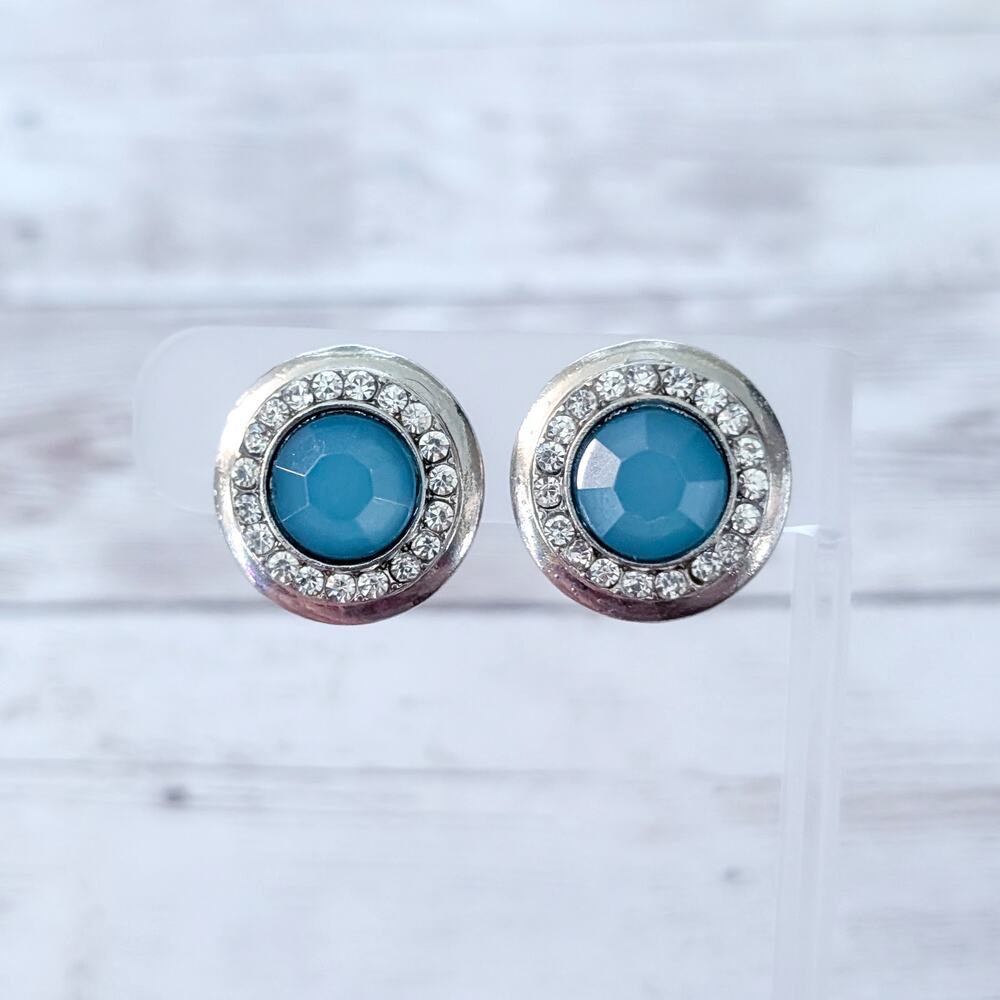 Vintage Clip On Earrings - Silver Tone, Light Blue Center, Clear Gem Halo